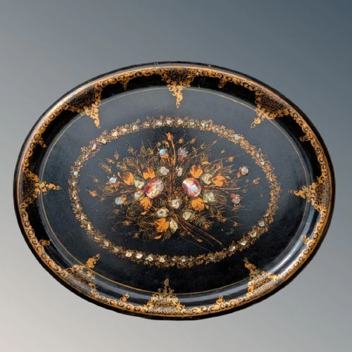 Antique Hand Painted Tray Papier Mache & Mother of Pearl