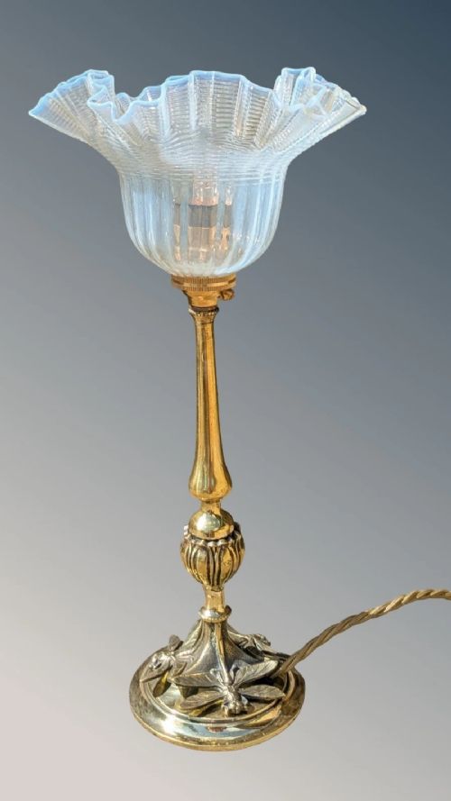 Art Nouveau Solid Brass Lamp Dragonflies & Milk Glass Shade