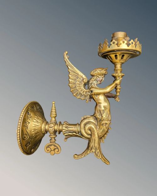 fig 1. Stunning Victorian Brass Lamp Wall Light Winged Memaid