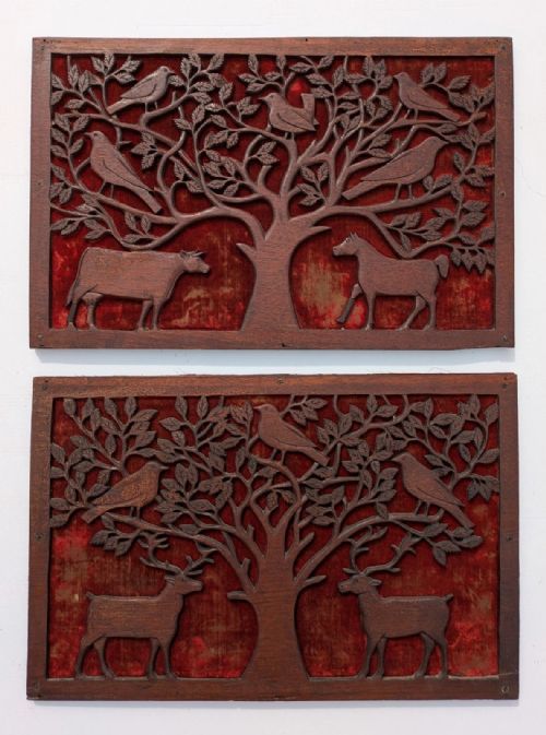 Charming Pair Folk Art Carved Wood Panels Arts & Crafts