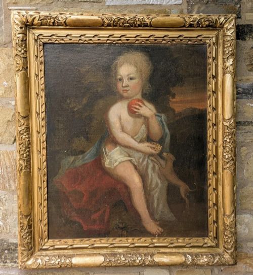 Antique Oil Painting Boy With Dog Manner Of Sir Peter Lely (1618-1680)
