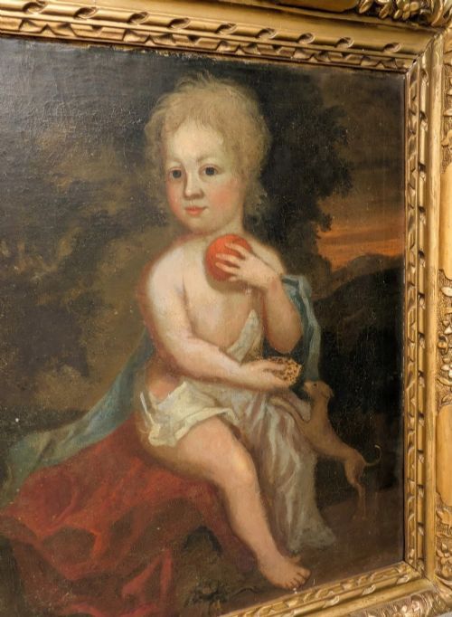 fig 1. Antique Oil Painting Boy With Dog Manner Of Sir Peter Lely (1618-1680)