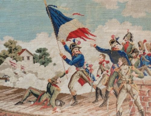 fig 1. A square gilt-framed tapestry embroidery depicting Napoleon Bonaparte raising the tricolour flag at the Battle of Arcole.