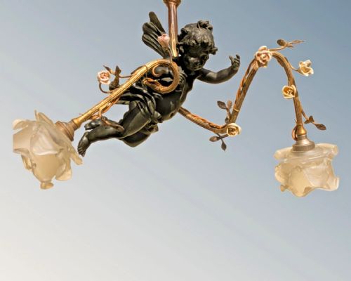 fig 1. Antique French Bronze and Ormolu Chandelier Twin Light with Angelic Cherub