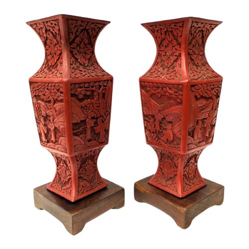 PAIR OF CHINESE CINNABAR LACQUER VASES 19TH CENTURY