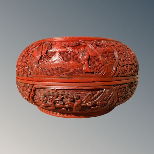 fig 1. A circular Chinese cinnabar lacquer box features deeply carved relief depictions of figures in mountain landscapes framed by floral and geometric borders.