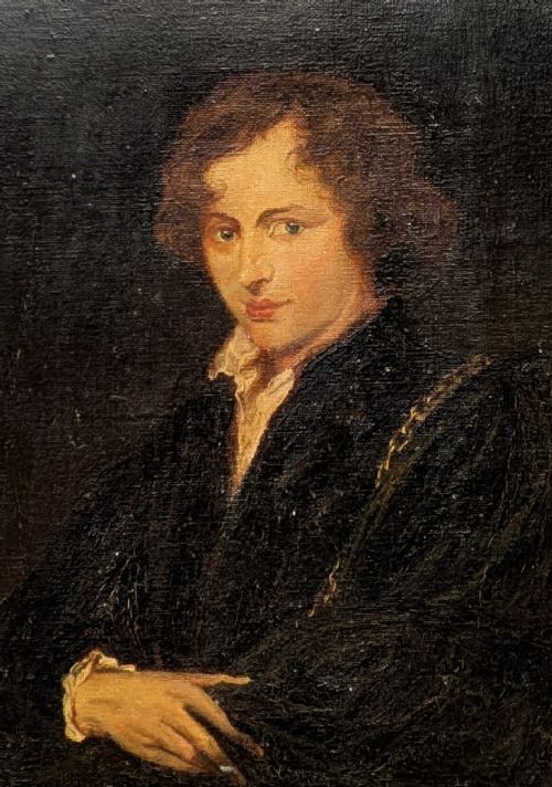An antique oil painting depicting a young gentleman with dark wavy hair and an open collar set within a decorated metallic gilt frame. View II