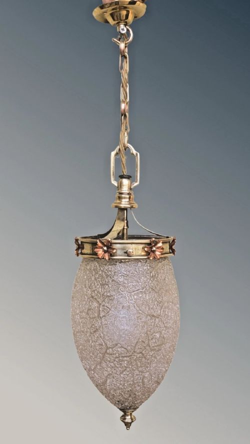 fig 1. Stunning Art Nouveau Crackle Glaze Copper & Brass Pendant Light