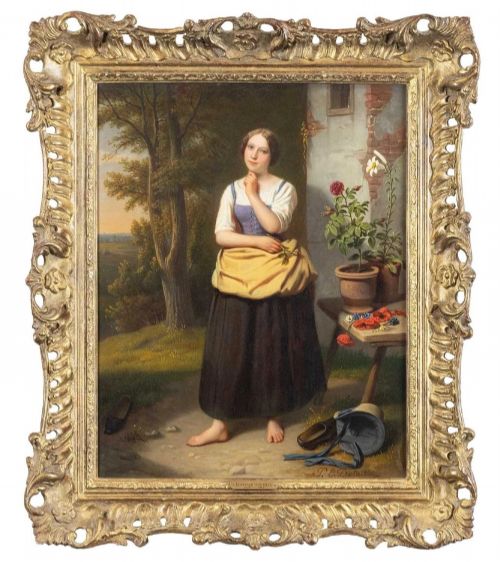 19th Century Oil Painting The Flower Girl