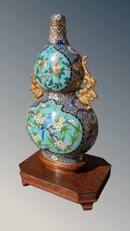 CHINESE CHAMPLEVE CLOISONNE DOUBLE GOURD VASE ON STAND