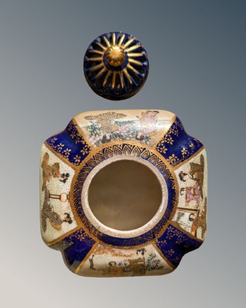 fig 1. A Japanese Satsuma earthenware incense burner featuring a reticulated lid, cobalt blue glaze, burnished gilding, and painted panels.