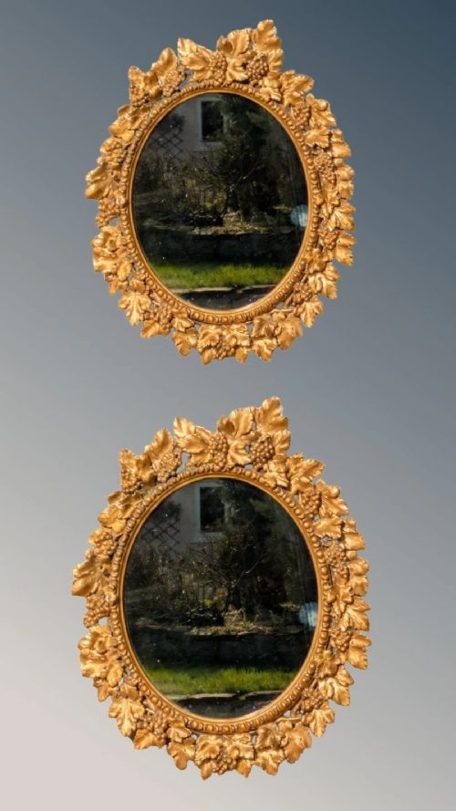 SUPERB PAIR GILT WOOD WALL MIRRORS VINE LEAF 19TH CENTURY