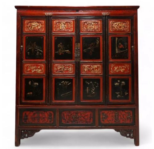 CHINESE ELM RED LACQUER MARRIAGE CABINET