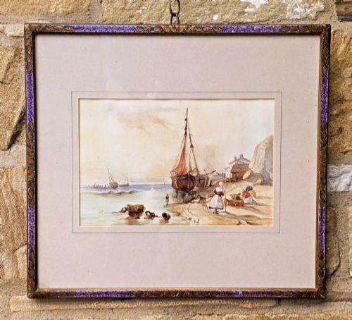 19TH CENTURY WATERCOLOUR FISHING HARBOUR