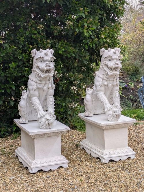 IMPOSING ANTIQUE DOGS OF FO GLAZED TERRACOTTA DRAGON LIONS