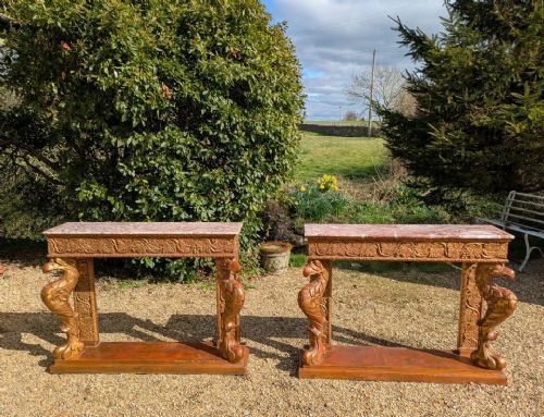 HANDSOME PAIR OF GILTWOOD MARBLE CONSOLE TABLES