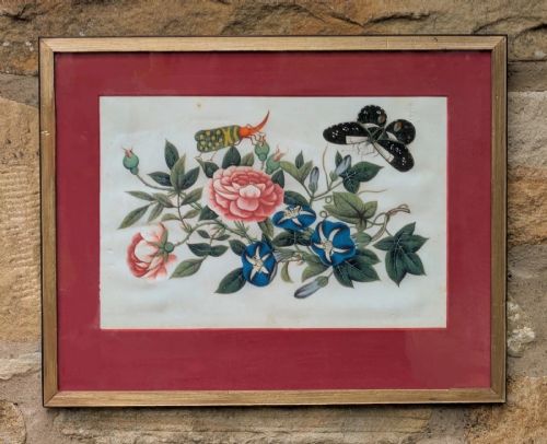 Antique Watercolour Painting Butterflies & Blossom