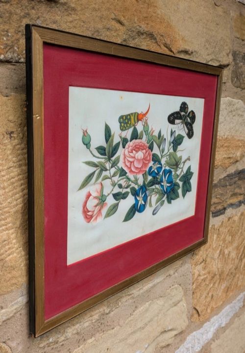 fig 1. Antique Watercolour Painting Butterflies & Blossom 