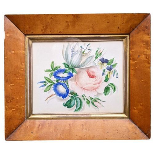 Pretty Antique Watercolour Rose Blossom in Maple Frame
