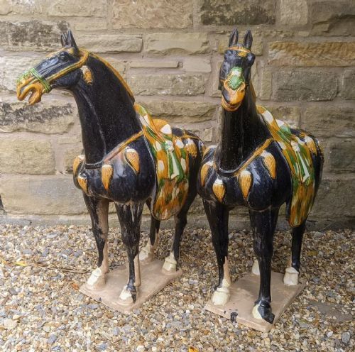 Imposing Pair Of Large Chinese Tang Horses In Sancai Glaze