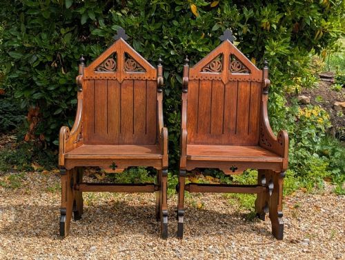 GOOD PAIR GOTHIC OAK CHAIRS IN PUGIN STYLE