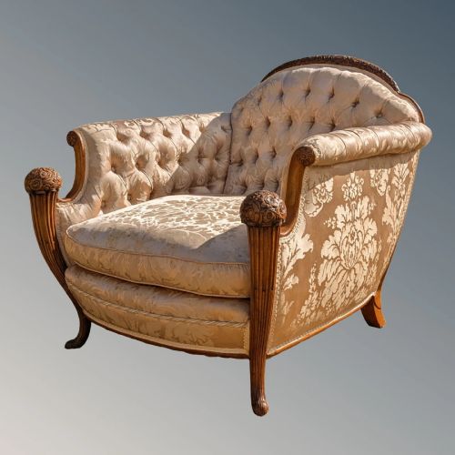 FABULOUS PAIR OF FRENCH WALNUT ARMCHAIRS IN PURE SILK - ADDITIONAL PHOTO 2