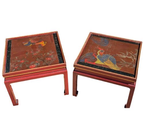 fig 1. A pair of square Chinese low tables with red lacquered frames and hand-painted tops depicting birds among foliage.