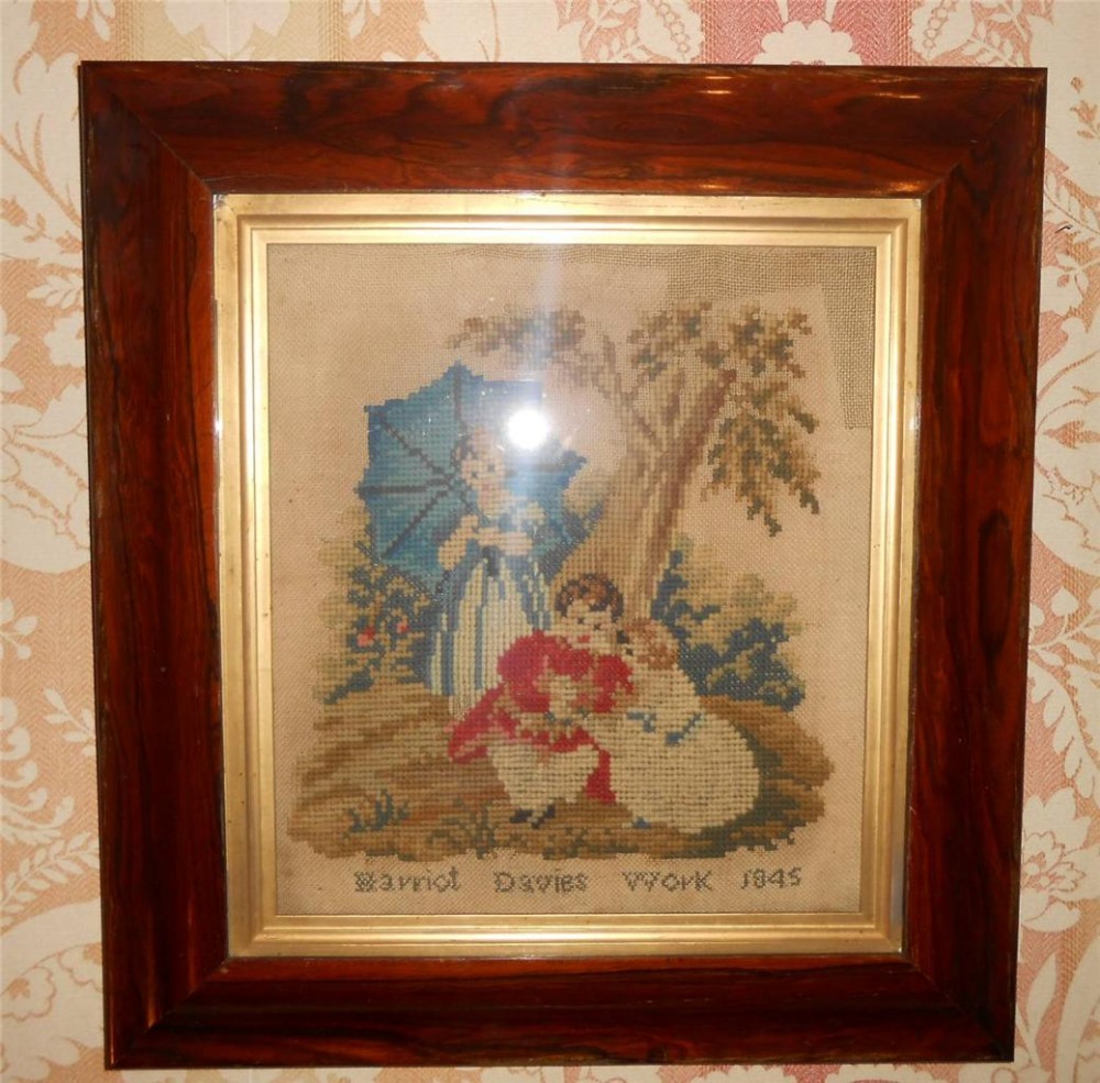Early Victorian Woolwork Embroidery in Rosewood Frame Harriet Davies 1845