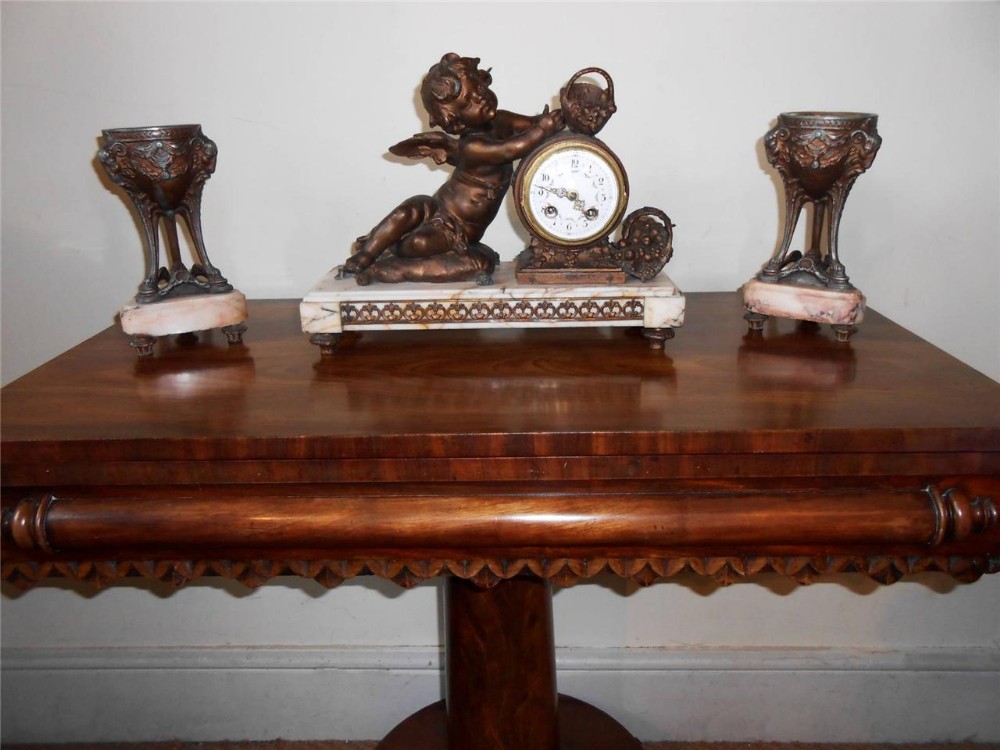Victorian French Marble & Spelter Cherub Mantle Clock Garniture