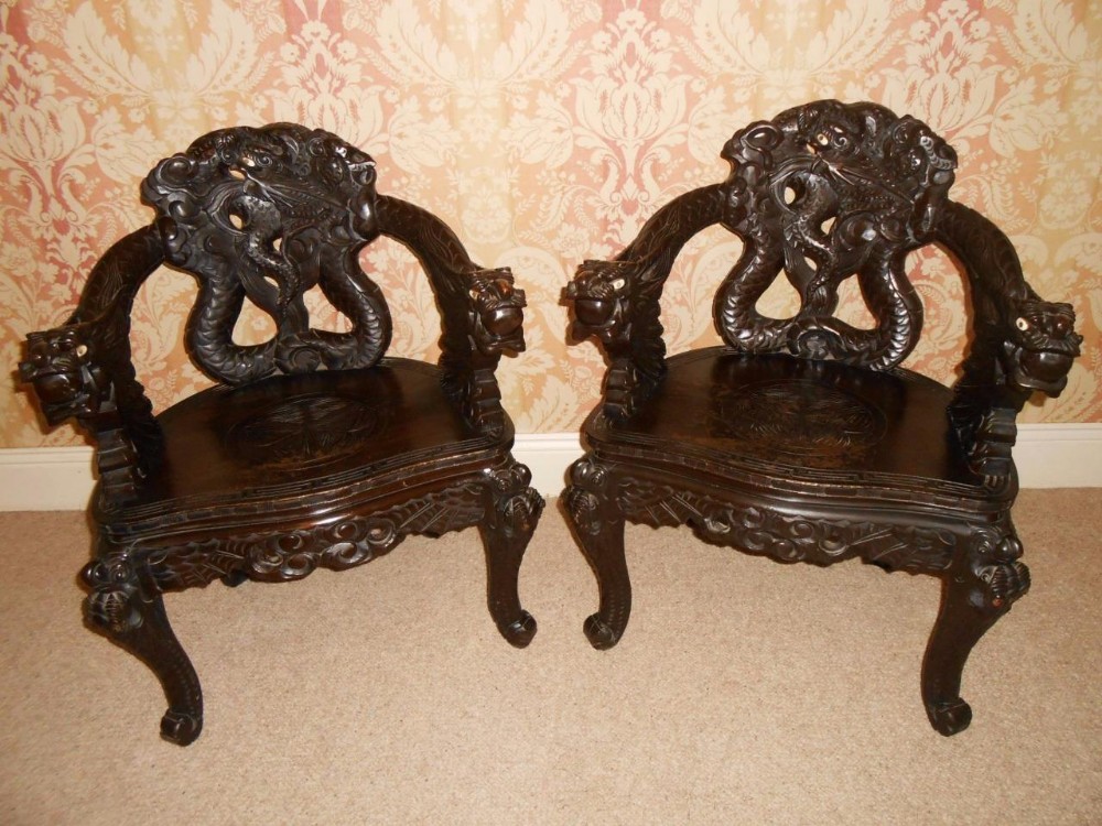 Pair of 19th Century Chinese Dragon Carved Armchairs
