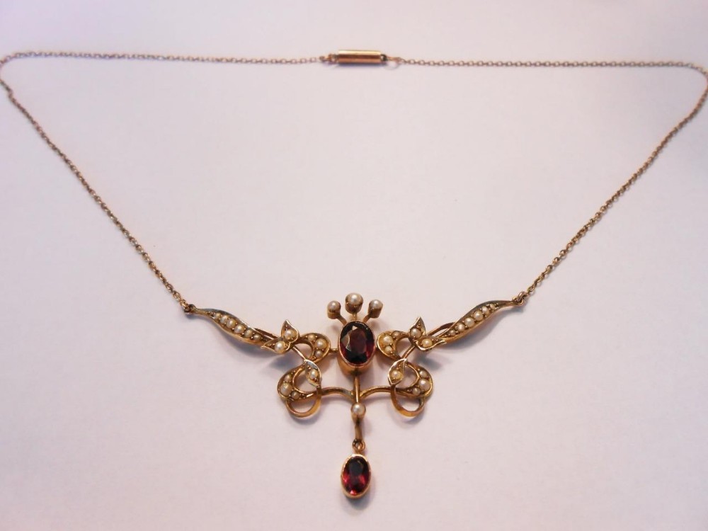 Edwardian Art Nouveau Seed Pearl and Garnet Necklace, 9ct Gold