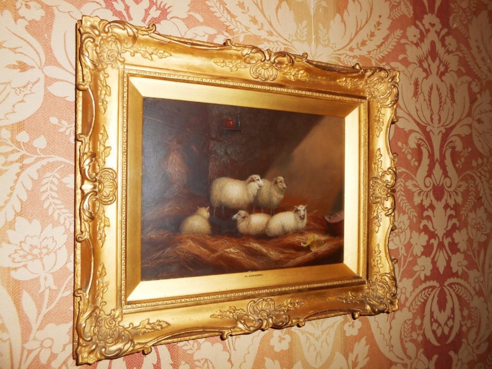 Sheep at rest in a Stable, Albert Jackson of Leeds, 19th C Oil on Board