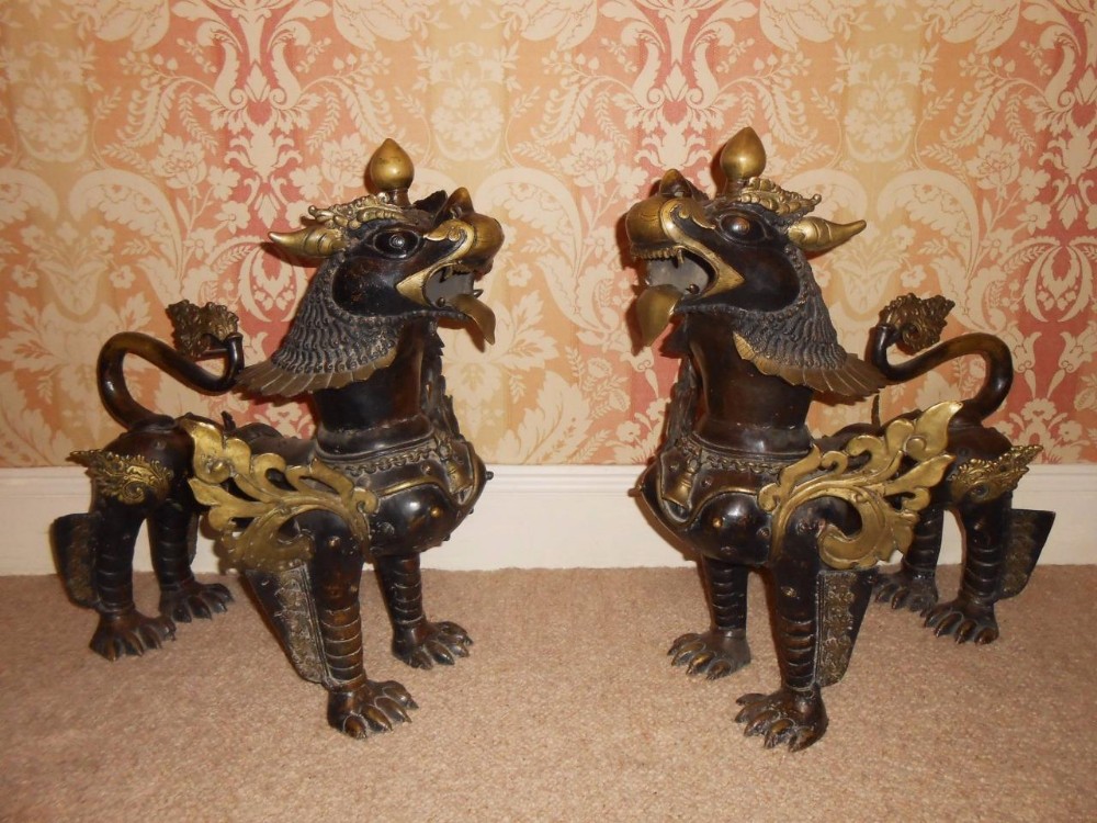 Large Pair 19th Century Bronze Tibetan Fo Dogs