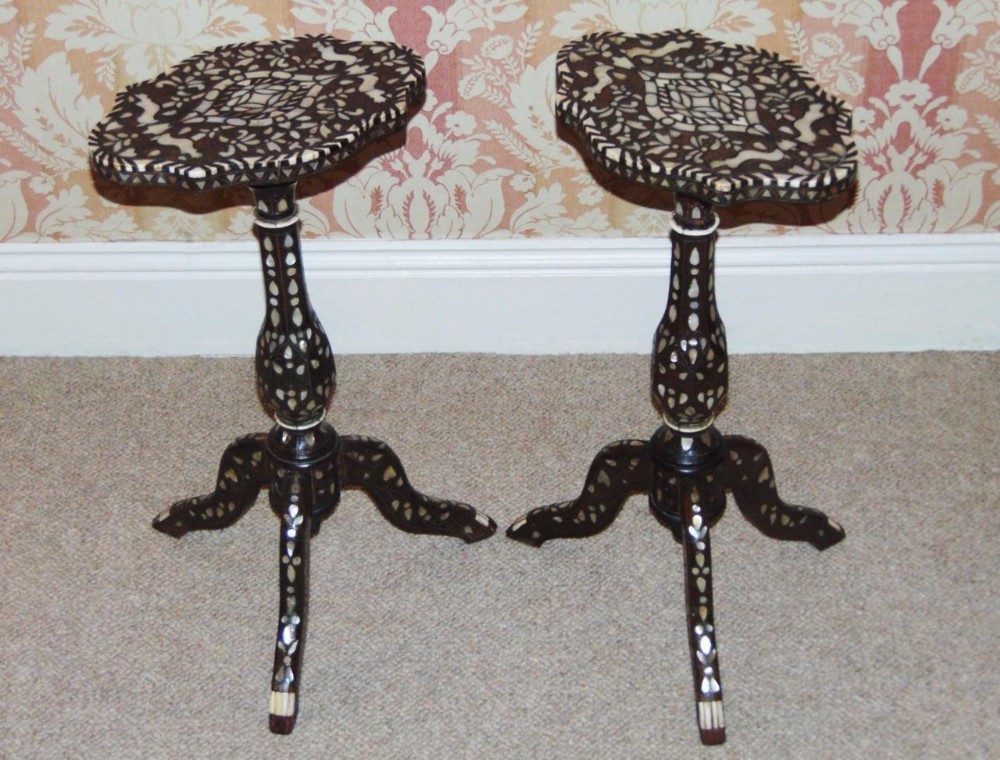Pair of 19th Century Damascus Mother of Pearl Inlaid Tripod Tables