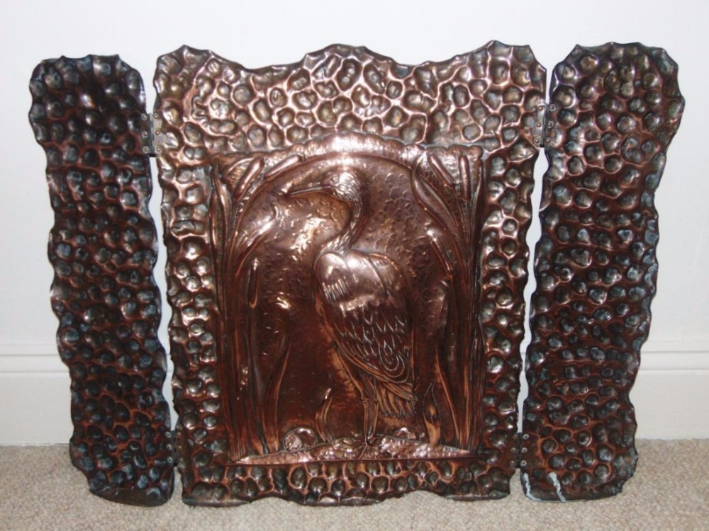 Beautiful Arts and Crafts Beaten Copper Heron Firescreen