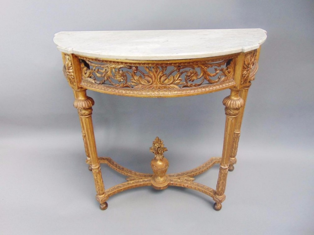 George III Gilt Gesso Demi Lune Hall Console Table Carrera Marble Top