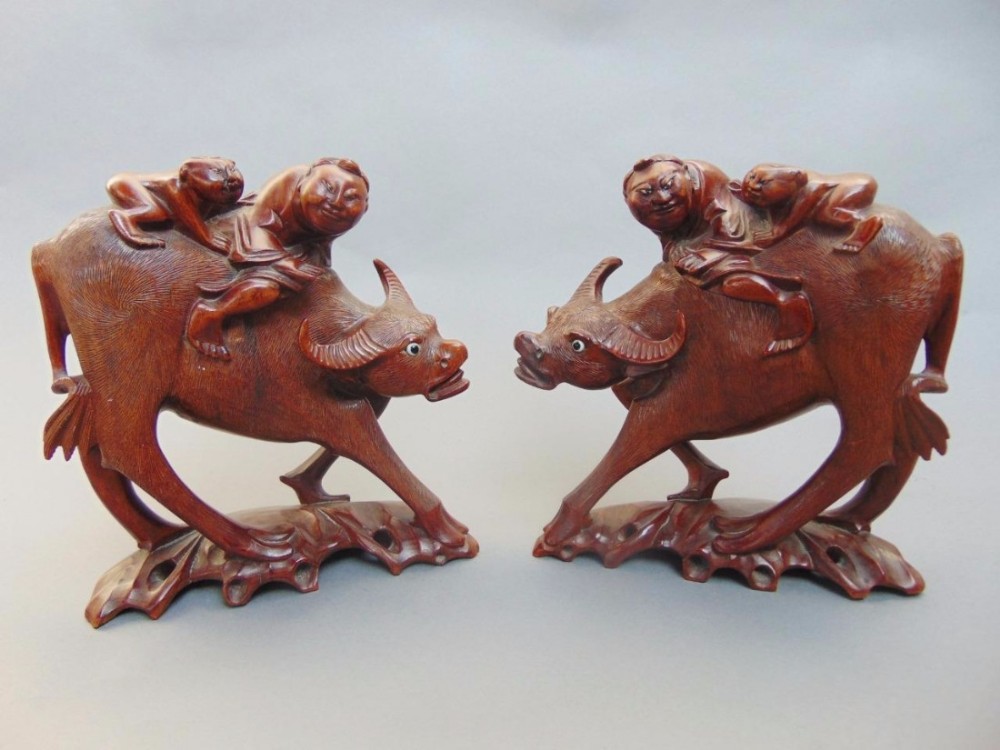 Pair of 19th Century Burmese Carved Hardwood Buffalo
