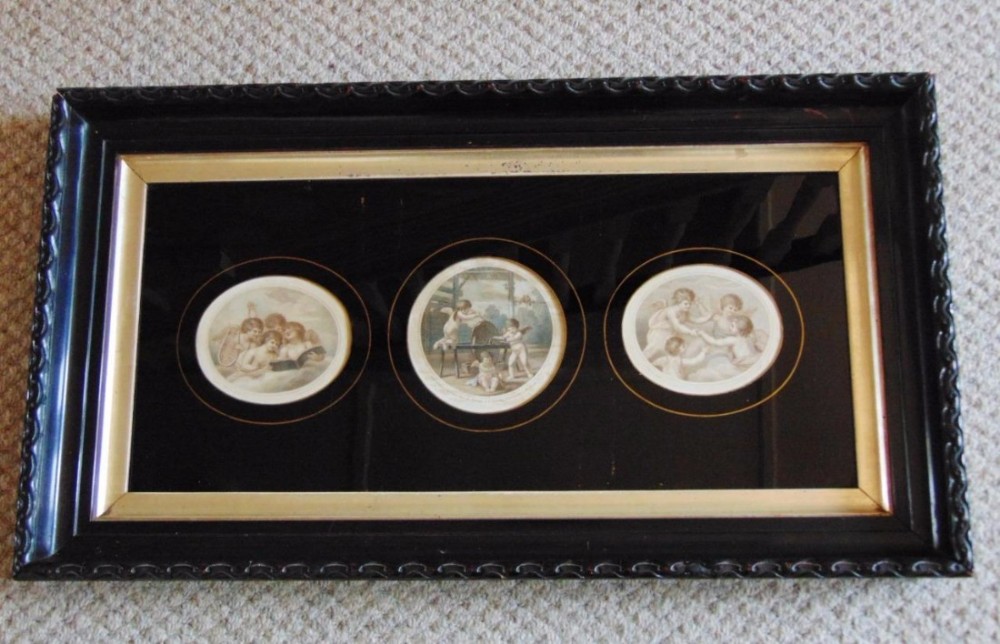 18th Century Hand Coloured Engraving Bartolozzi Cherubs in Verre Eglomise Frame