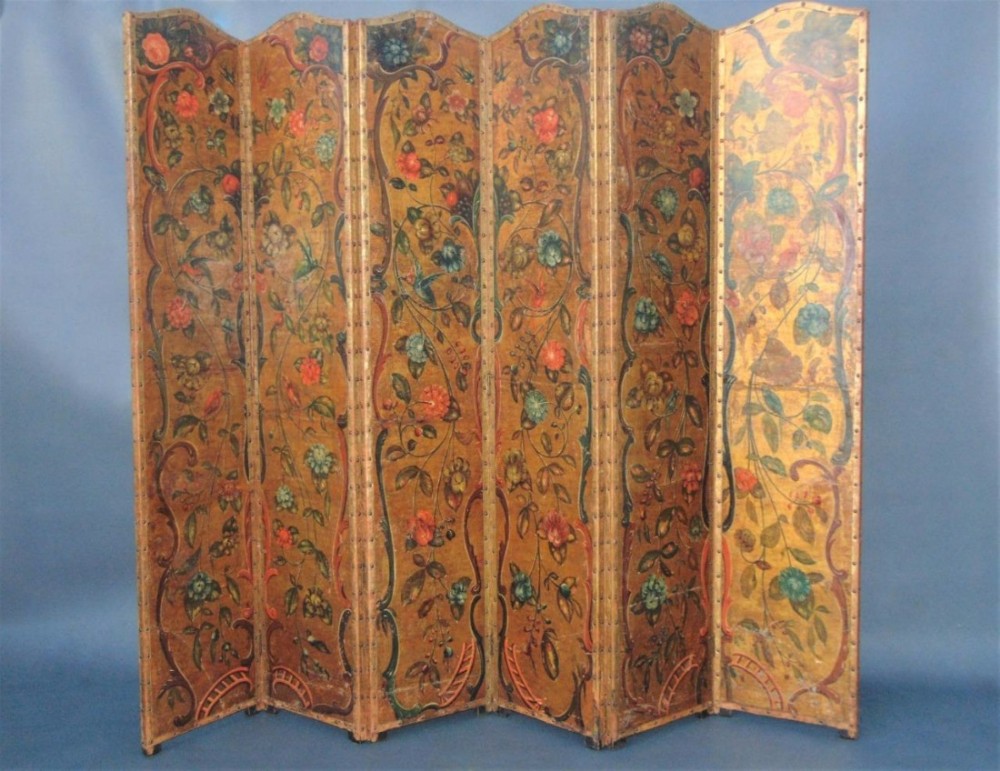 Early 19th Century Hand Painted Leather 6 Panel Screen