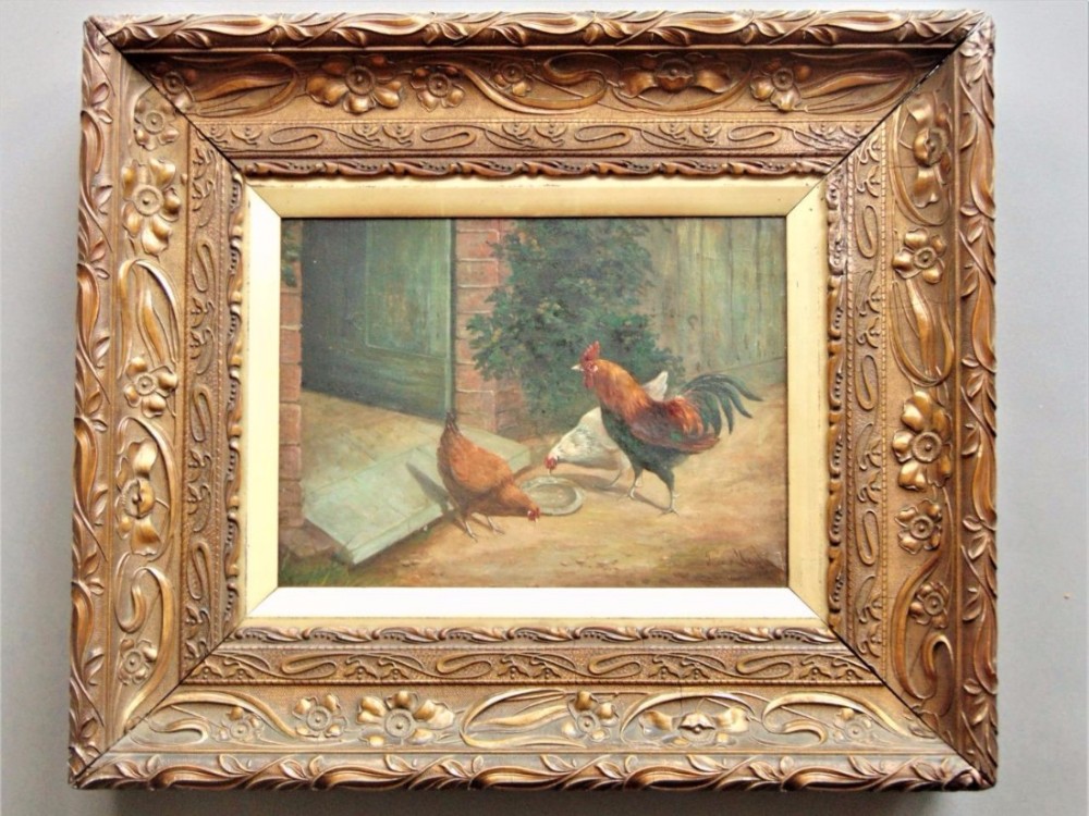 19th C Oil on Canvas James Clark Poultry in Farmyard