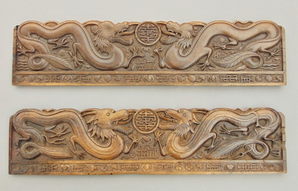 Pair of Antique Chinese Carved Hardwood Panels of Dragons 19th Century