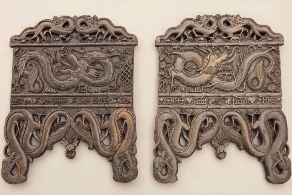 Pair of Chinese Dragon Carved Hardwood Panels 19th Century