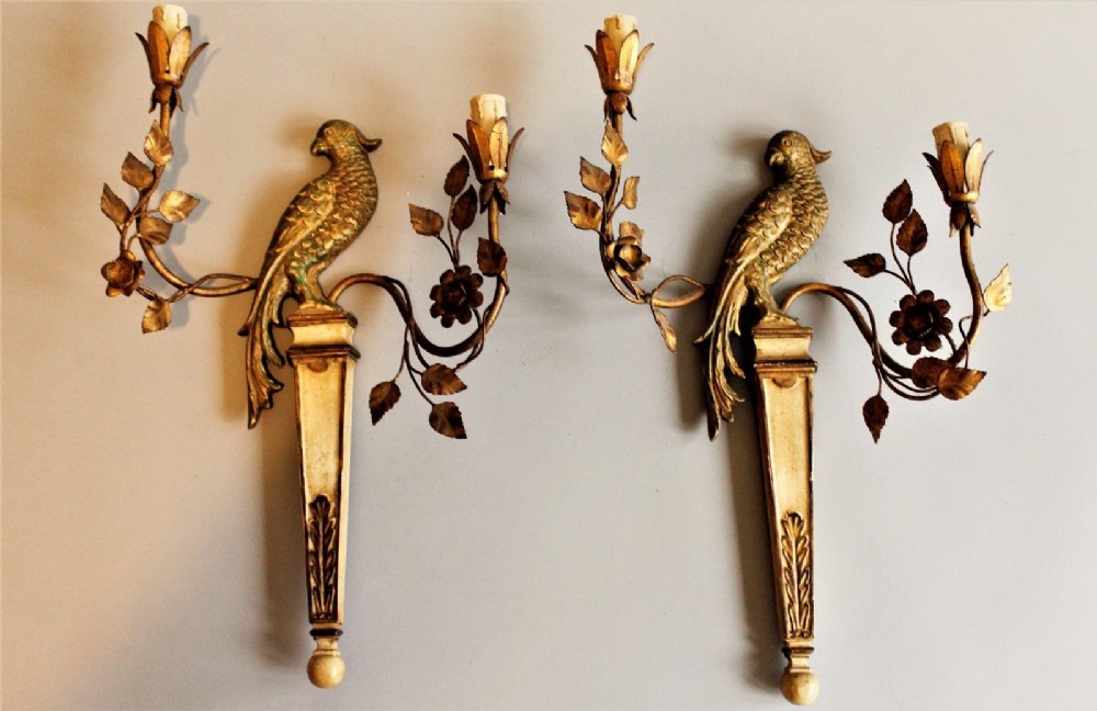 Beautiful Pair of Italian Regency Style Parrot Wall Sconces