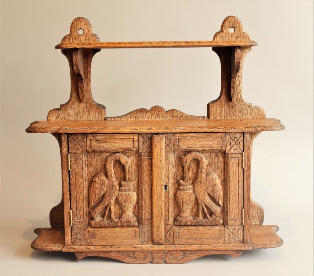 Arts and Crafts Solid Carved Oak Wall Cabinet