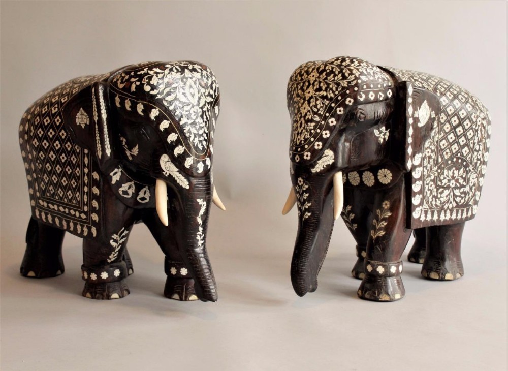 Pair of Inlaid Rosewood Indian Elephants