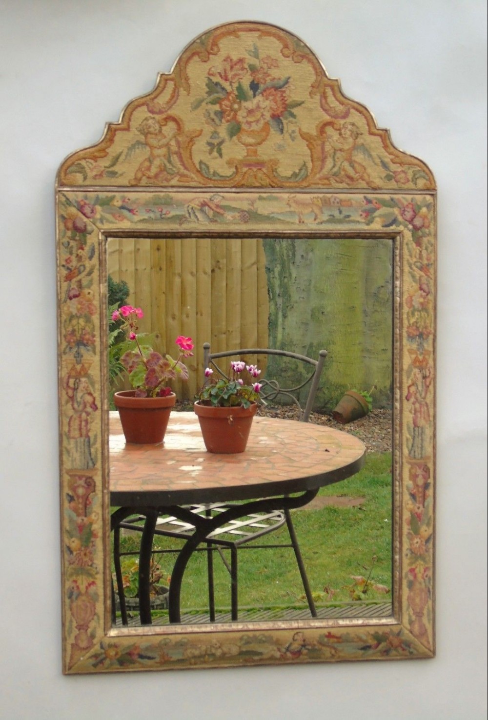 Antique Tapestry Queen Anne Style Cushion Frame Mirror