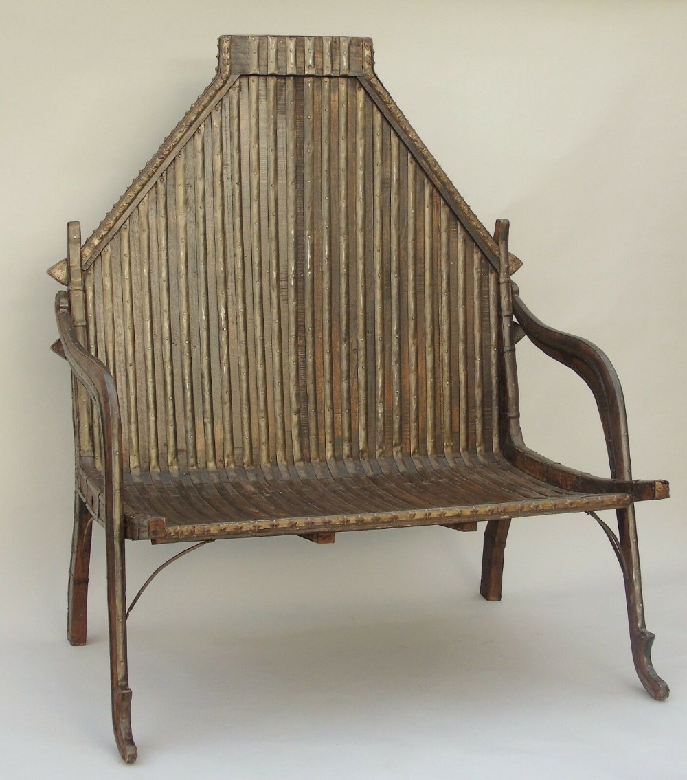 Large Rajasthani Hardwood & Metal Strapwork Bench