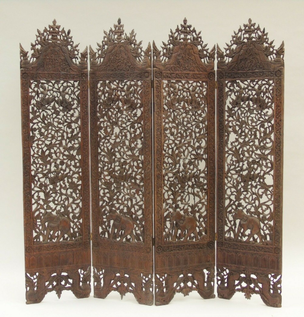 Stunning Indian Hand Carved Antique Four Fold Screen
