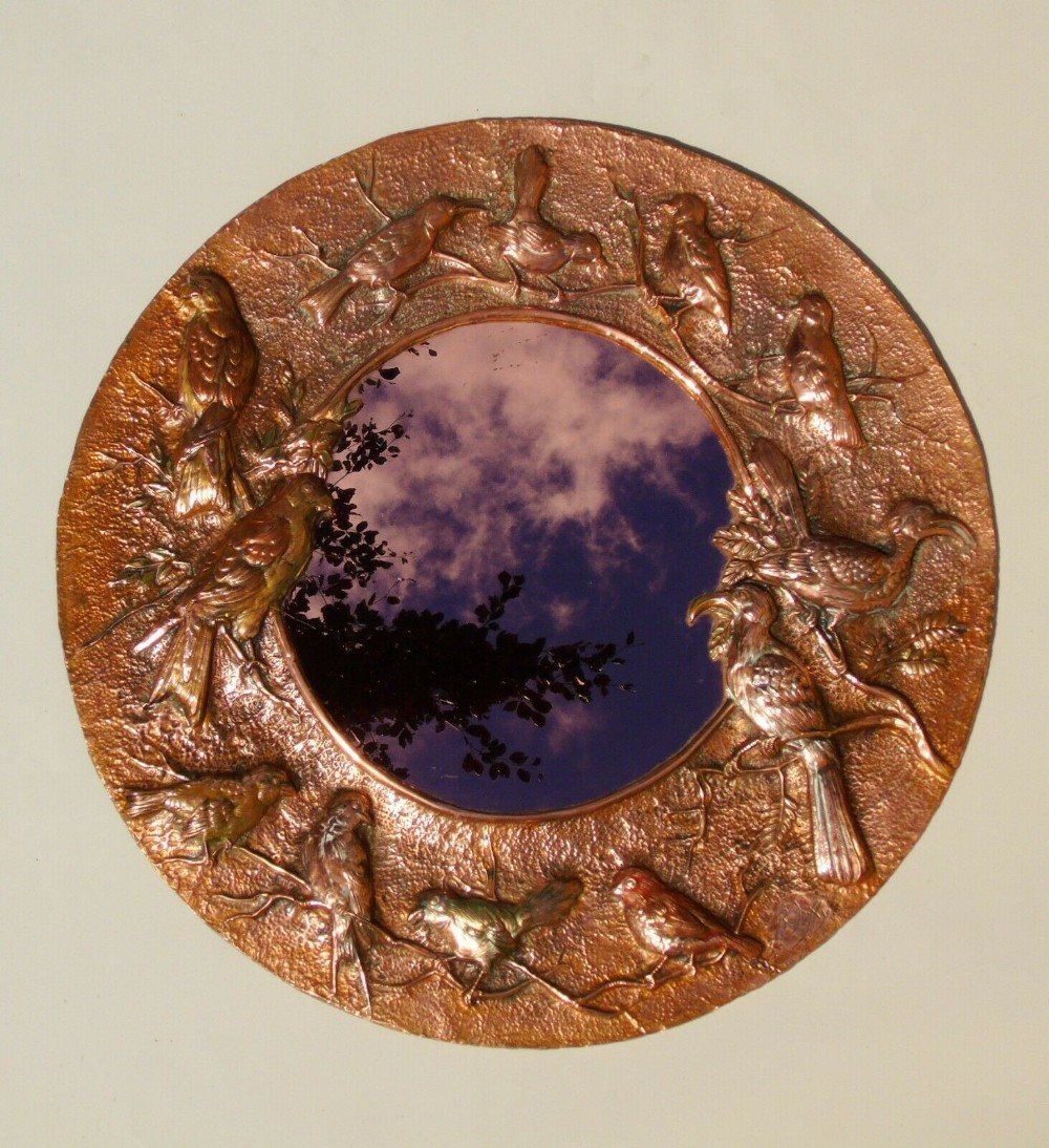 Hammered Copper Frame Mirror with Birds