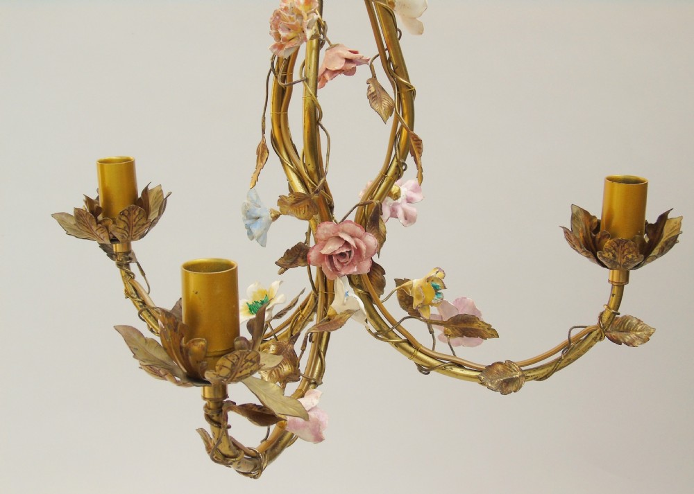 Antique Gilt Bronze & Ceramic Floral Chandelier French View II